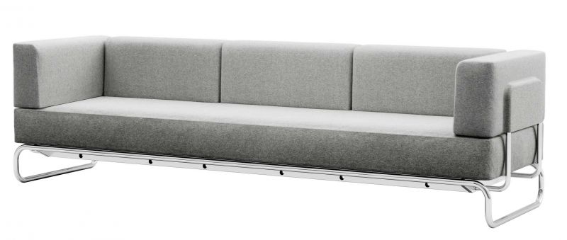Graues Thonet Sofa, Modell S 5003, mit drei Sitzen und verchromtem Stahlrohrgestell.